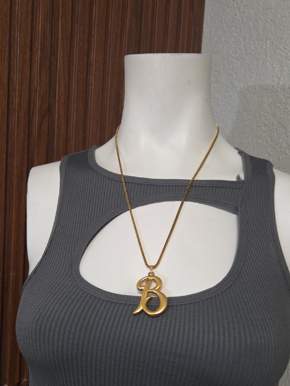 Gold Initial 'B' Pendant Necklace - Women Jewelry SG Charcoal Cut-Out Top & Gold
